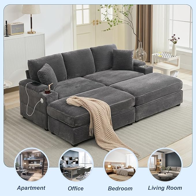 86.6 Sectional Sofa Couch with 2 Ottomans Comfy Corduroy Upholstered Cloud Modular Convertible Couch with Cup Holders and USB Armrest Storage Deep Seat Oversized Loveseat for Living Room Grey