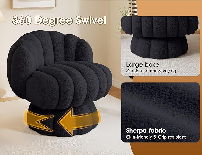 Teddy Fleece Swivel Vanity Chair - Armless Padded Accent Desk Chair for Bedroom Living Room Black