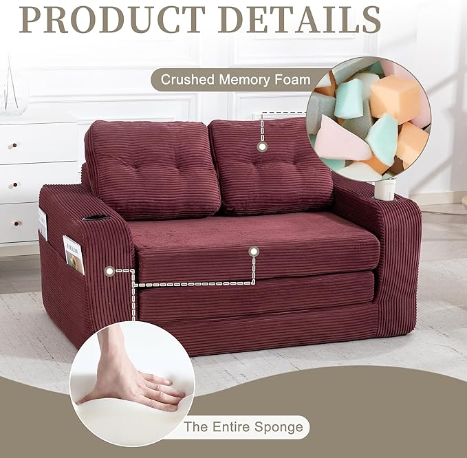 54 Convertible Sofa Bed 2-in-1 Boneless Folding Couch Bed with Cup Holder &amp Pocket Corduroy Fold Out Floor Couch with Pillows for Living Room Bedroom Small Spaces (Wine Red)