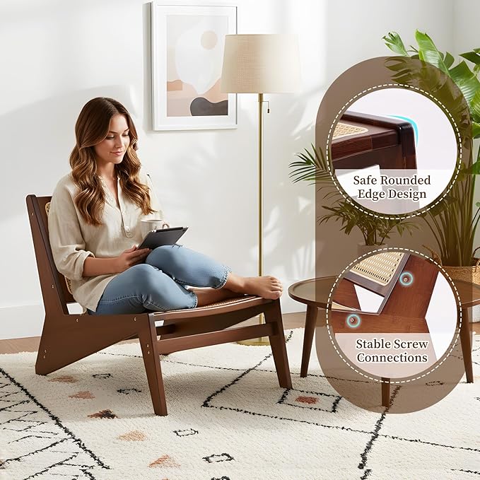 Mid-Century Accent Chair Rattan Lounge Chair for Living Room Boho Side Corner Comfy Chair for Bedroom and Balcony Walnut