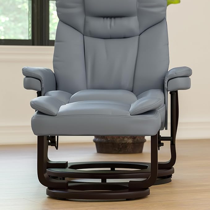 Flash Furniture Allie Contemporary Multi-Position Recliner and Curved Ottoman with Swivel Mahogany Wood Base in Gray LeatherSoft