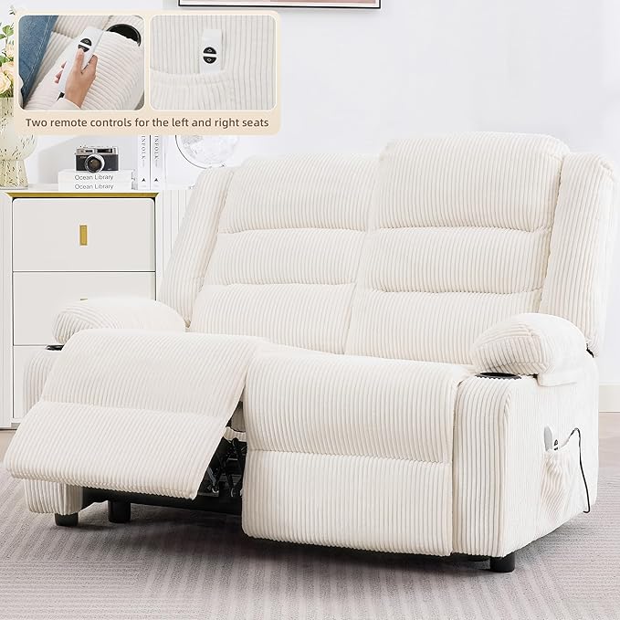 52Inch Power Loveseat ReclinerElectric Reclining Loveseat SofaAdjustable Love seat Recliner Sofa for Living RoomBedroom with Charging Ports(Striped White one seat+loveseat)