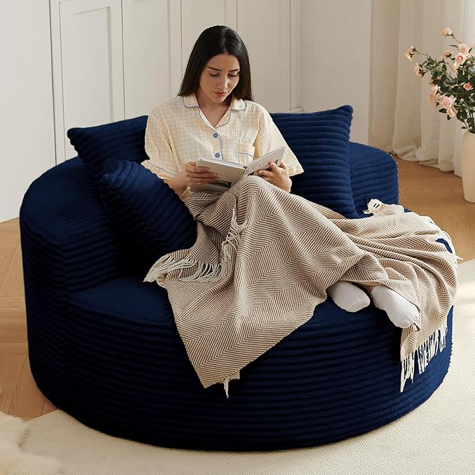 Oversized Round Chair Lounge Chaise Indoor Upholstered Corduroy Deep Seat Cloud Large Circle Sofa Chair No Assembly Required Fluffy Modern Sleeper Sofa Bed for Reading Living Room Dark Blue