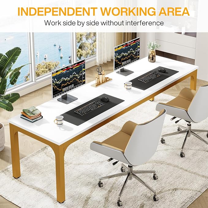 Tribesigns Modern 78.7 Inches Extra Long Computer Desk 2 Person Desk Double Long Desk Workstaion for Home Office White+Gold
