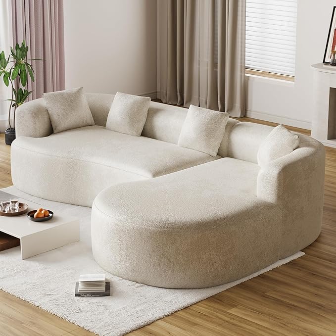 Oversized Sectional Sofa with Right Chaise for Living Room 111 Modern Curved L Shape Cloud Couch with Extra Deep Seat Modern Luxury Chenille 4 Seater No Assembly Required Beige White