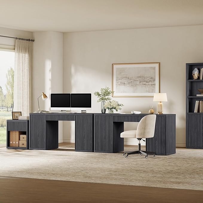 SICOTAS 61 Large Office Computer Desk with Storage Modern Home Office Desks with Drawer &amp Doors Fluted Desks Executive Desk Wooden Writing Table Vanity Table for Living Room Bedroom Black Alder