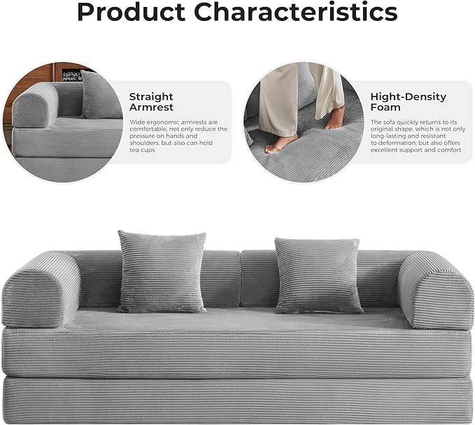 Modern 5-in-1 Convertible Sleeper | 79 Modular Sofa with Reinforced Steel Cross-Bracing Frame Sturdy Structure | High-Density Foam &amp Corduroy for Living Room Office (Light Grey)