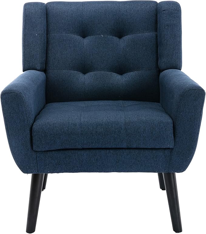 SSLine Linen Accent Arm ChairMid-Century Modern Upholstered Wingback Single Sofa Armchair Club Chair with Solid Wood Legs Thick Cushion for BedroomReadingLiving Room Chair (Blue)