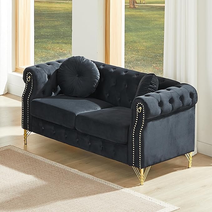 ERYE 60.5-Inch Button Tufted Sofa Couch with 2 Round Pillows 2 Seat Velvet Tufted Sofa Compact Chesterfield Loveseat Couches W/Nailhead DecorRing Accent &amp Golden Legs