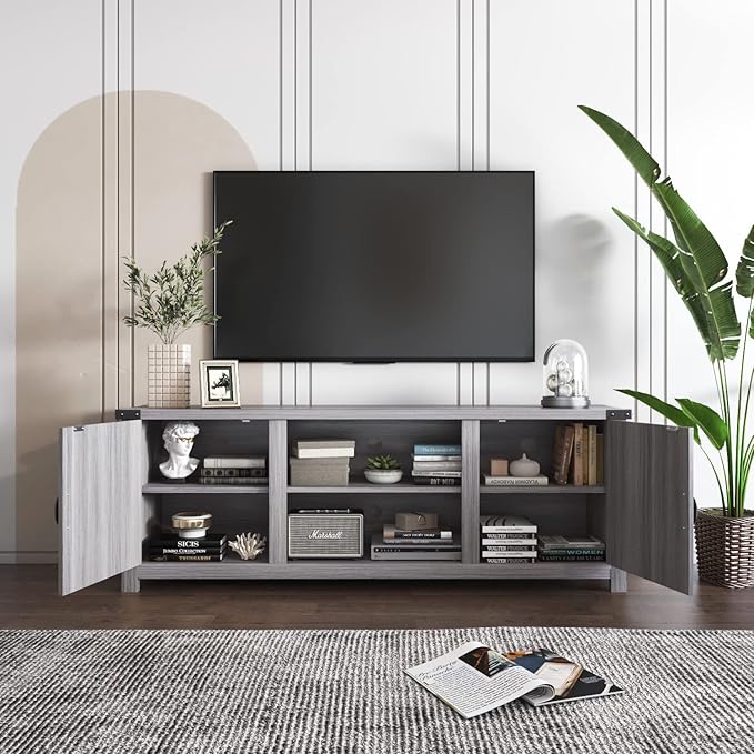 YESHOMY Modern Farmhouse TV Stand with Two Barn Doors and Storage Cabinets for Televisions up to 65+ Inch Entertainment Center Console Table Media Furniture for Living Room 58 Inch Gray Wash