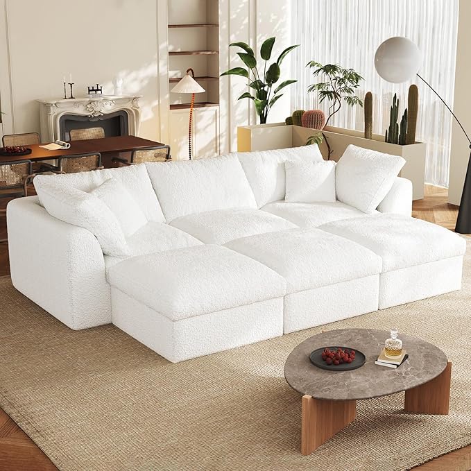 Cloud Sectional Couches 108 Boneless Sofa Bed Modular Sectional Sofa for Living RoomFreely ConfigurableDeep SeatingNon-Slip Bottom No Assembly Required(White3 Seater+3 Ottoman)