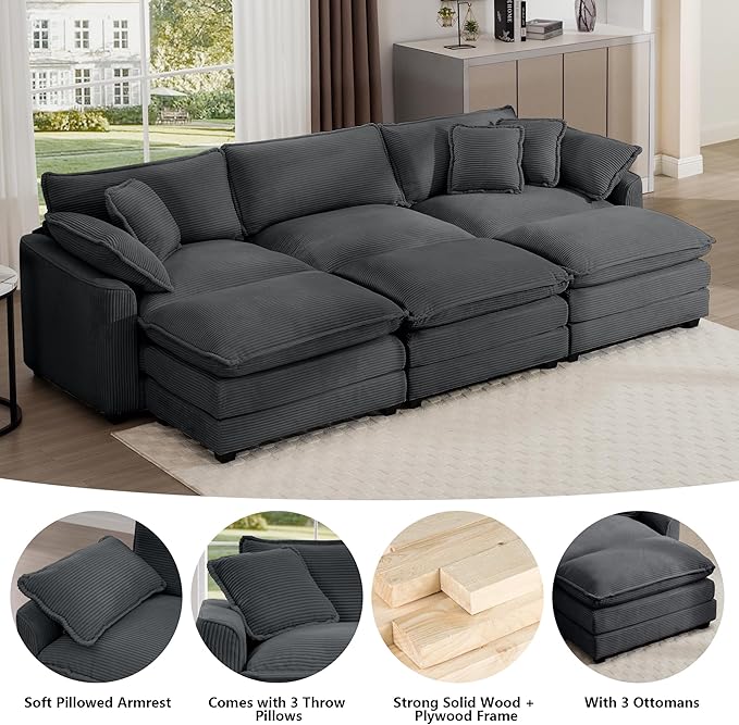 Aoowow Corduroy 3 Seater Sleeper Couch with OttomansLarge Cloud Couches for Living RoomTufted Modular Sectional Cloud Sofas Deep SeatOversized Chaise Lounge Sofa (Grey 3 Seater + 3 Ottoman)