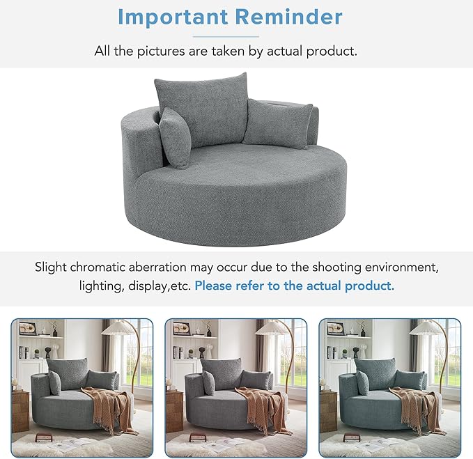360° Swivel Chair Accent Chair with 3 Removable Pillows Modern Chenille Fabric Barrel Chair Swivel Round Sofa Chair for Living Room Bedroom Office and Hotel (Gray/96)
