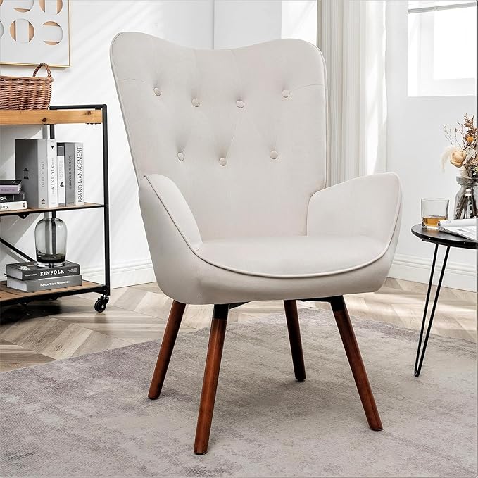 Chic Accent Arm Chairs for Living Room Bedroom or Home Office Button-Tufted Midcentury Armchair with Wingback Design and Splayed Legs Ivory
