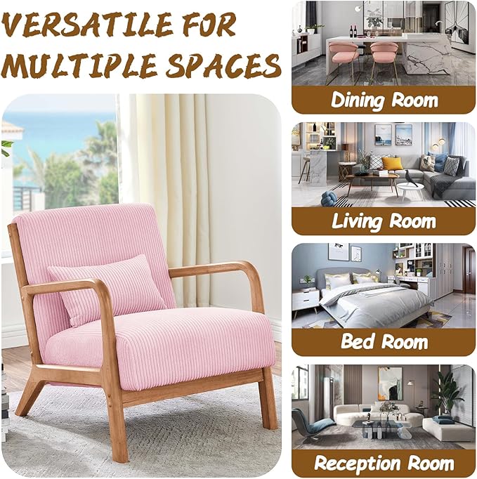 Midcentury Modern ChairWooden Pink Accent Chair with PillowCorduroy Arm Chair for Living RoomBedroomSmall Rooms (Pink)