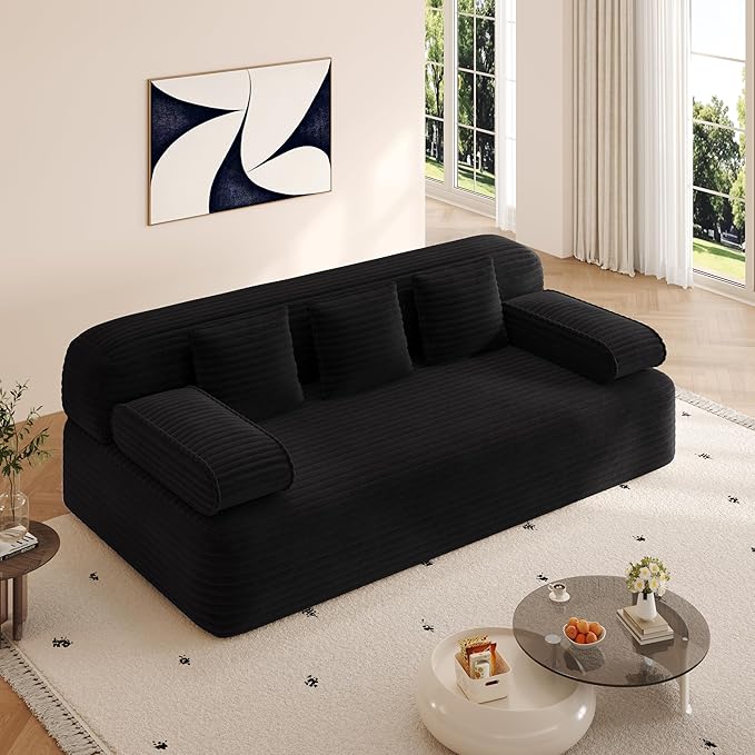 78.7 Queen Convertible Sofa Bed 2-in-1 Corduroy Folding Floor Couch with 3 Pillows Sleeper Sofa for Living Room and Bedroom No Assembly Required (Black)