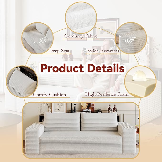 71 Corduroy Boneless Couch 2-Seater Compression Sofa with 3 Throw Pillows No Assembly Required Comfy Loveseat Sofa in a Box Modern Couches for Living Room (White 71 inch) | Breathable Material