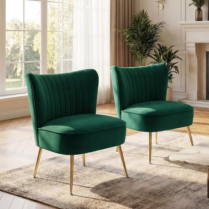 DUOMAY Modern Accent Chair Set of 2 Velvet Slipper Chair with Gold Legs Wingback Side Chair for Living Room Bedroom Entryway Small Corner Chair for Space Saving Green