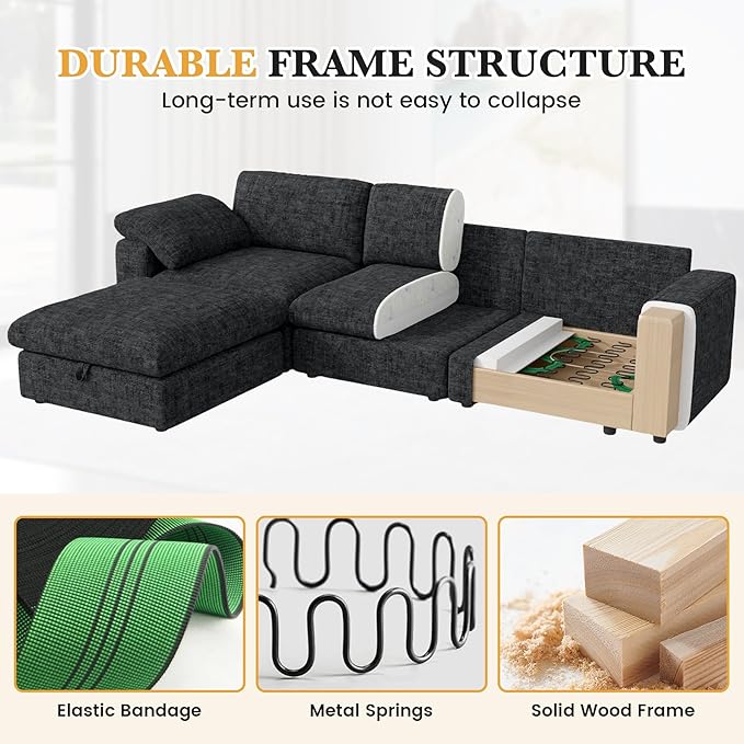118 Oversized Modular Sectional Sofa L Shaped 3 Seaters with Storage Ottoman Cloud Couch Sofa Set Modern Convertible Chenille Deep Seat Sectional Couches for Living Room Black 1 PCS