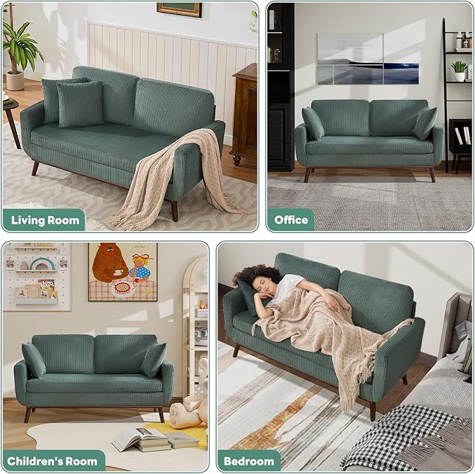 Tbfit 65 Corduroy Love Seat with Spring Cusions Mid Century Modern Loveseat Sofa for Livingroom &amp Bedroom Comfy Upholstered Small Couch
