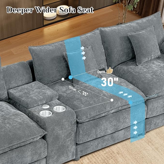 163 Oversized U Shaped Cloud Couch Modular Sectional Sofa 6 Seat Sofa Set for Living Room Comfy Fluffy Chenille Deep Seat with Movable Ottoman Storage Central Console USB Ports Cup Holders Grey