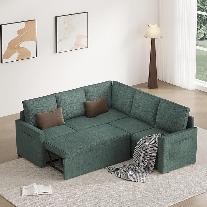 L Shaped Sectional Sofa with Pull Out Bed Premium Modern Linen Modular Sectional Sofa Large Slim Sofa Convertible Sleeper Couch Bed Certified Large 5 Seat Sectional Couch for Living Room Green