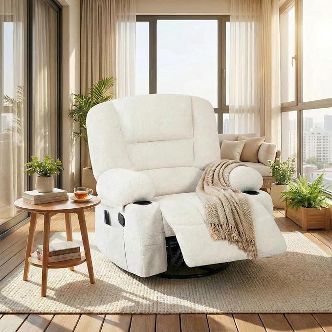 Oversized Wide Recliner Chair-Heat and Vibration Massage 360° Swivel Rocker Chair for AdultsChenille Fabric Manual Recliner with Cup Holders &amp Side Pocket for Living Room BedroomWhite