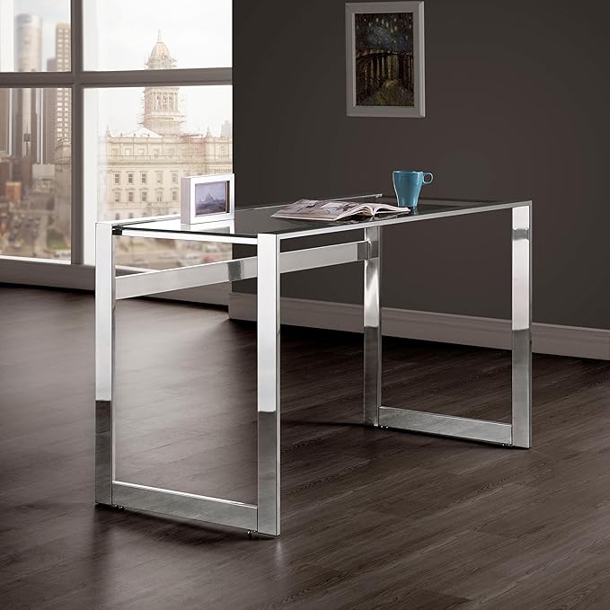 Coaster Home Furnishings – Hartford – Metal &amp Glass – 47-Inch Rectangular Glass Top Writing Desk with Contemporary Style and Plastic Glides – Home Office &amp Living Room – Chrome - 800746