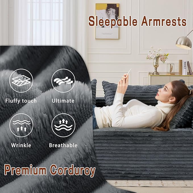 110 L-Shaped Modular Sectional Sofa with Chaise Boneless Comfy Corduroy Fluffy Couch with Deep Seat and Side Pockets Flexible Module Combination for Living Room No Assembly Side Pockets