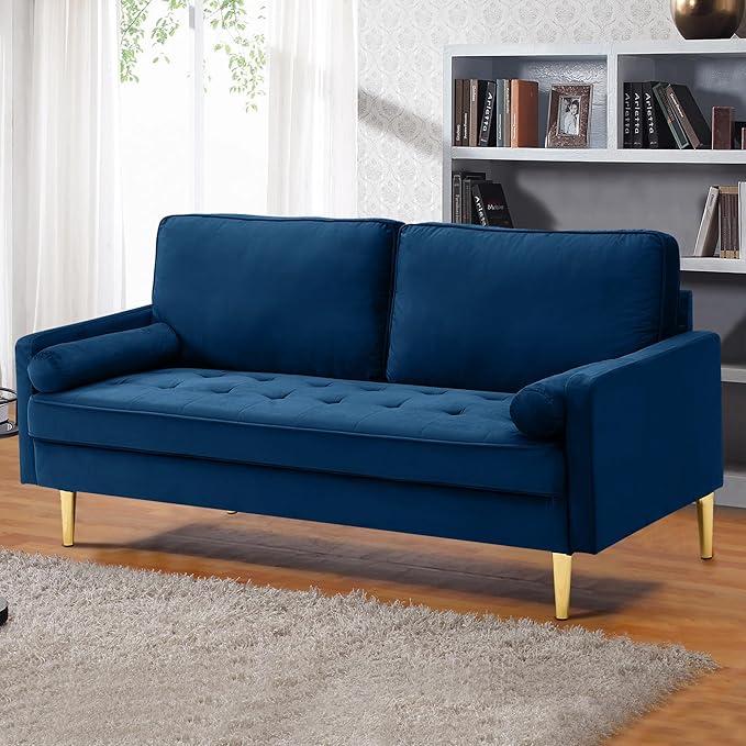 67 Modern Velvet Loveseat Sofa Couch Mid-Century Tufted Upholstered Small Love Seat Couch with 2 Pillows &amp 4 Golden Legs 2-Seats Couches for Compact Space Living Room Apartment (Navy)