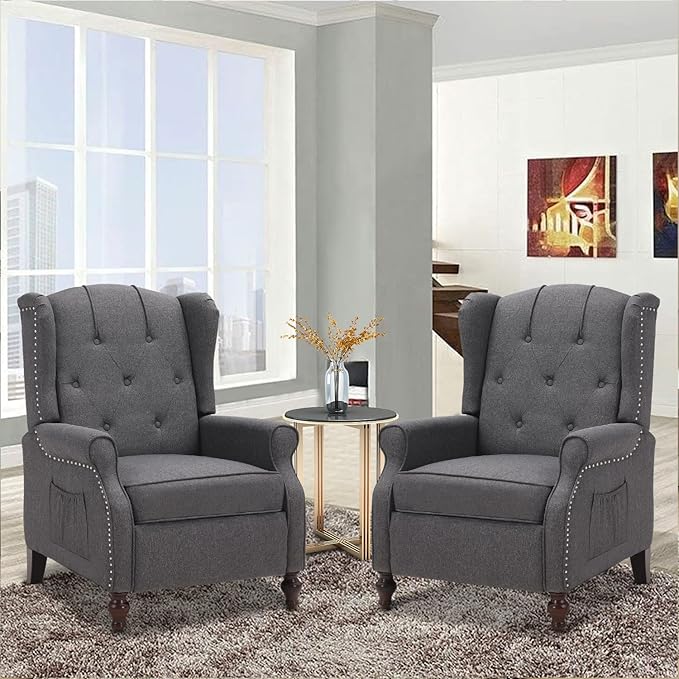 Wingback Recliner Chair with Massage and Heat Tufted Fabric Push Back Recliner Chair for Living Room Vintage Wingback Chair with Remote Control Padded Cushion Backrest Wooden Legs