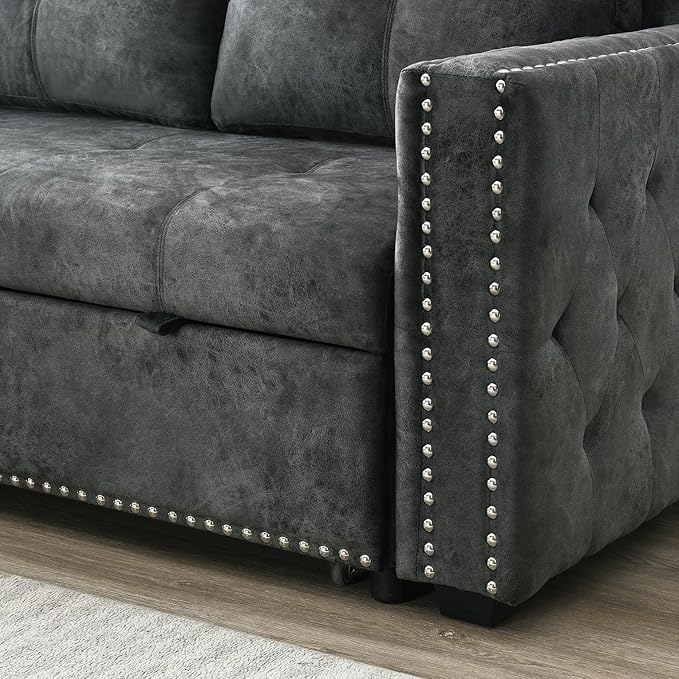 Morden Fort Pull Out Sofa Bed with Storage 91'' Oversized Sleeper Modular Sectional Comfy L-Shape Couch for Living Room Apartment Faux Leather Dark Grey