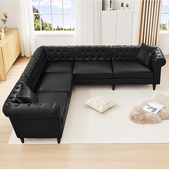 AVZEAR Chesterfield Modular Sectional Sofa Comfy Leather PU Couch Sectional with 2 Pillows Modern Upholstered Couches Living Room Furniture Sets for Living Room Bedroom and Apartment Black