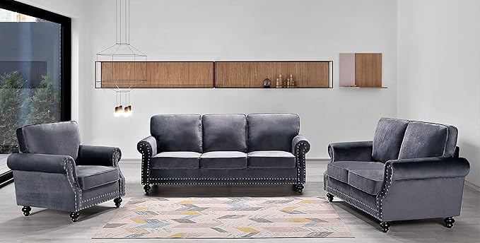 Lotus Mid Century Modern Velvet Upholstered Living Room Rolled Arms Chair 38 Grey