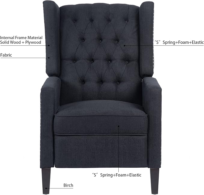 Mid Century Wingback Recliner Fabric Push Back Recliner Chair Single Rolled Armchair Sofa with Rivet Decoration Accent Chairs with Stable Hump Feet for Living Room (Black)