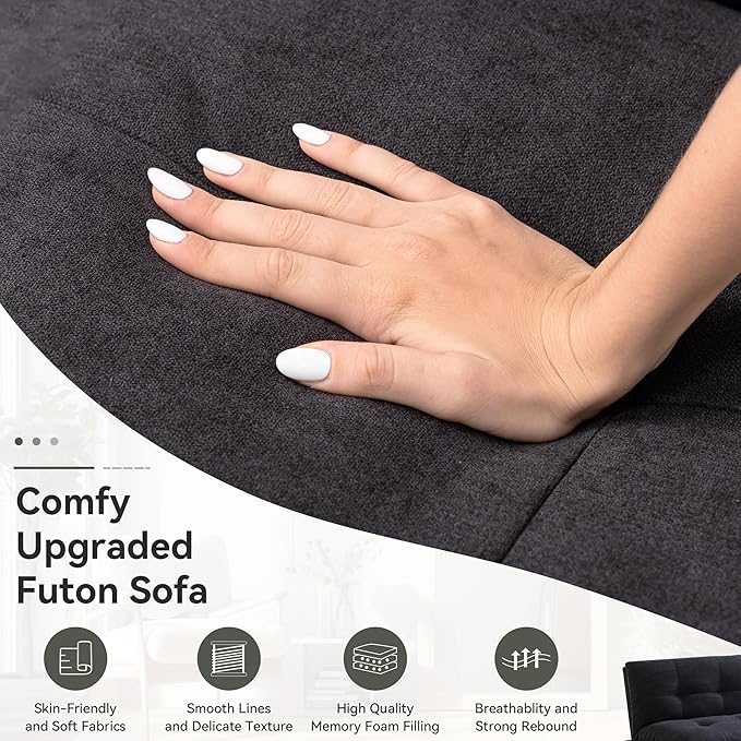 Convertible Futon Sofa BedMemory Foam Linen Fabric Futon Couch with Adjustable BackrestFolding Loveseat Sleeper Recliner for for Living RoomOfficeApartmentDeep Black