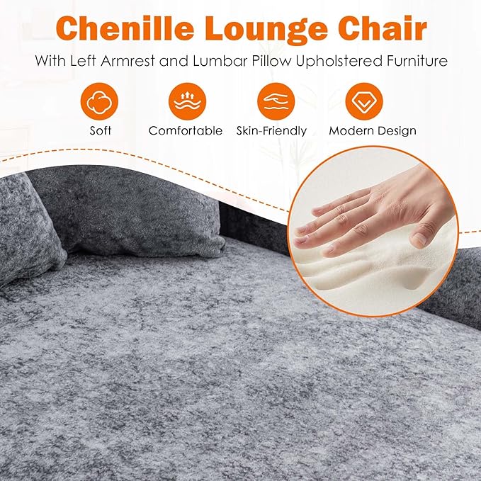 Chaise Lounge Chair Indoor Chenille Upholstered Chair with Left Armrest &amp Pillow Modern Lounge Chairs Sofa with Footstool for Living Room Bedroom Office (Grey)