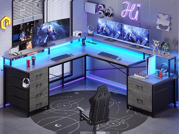 SEDETA L Shaped Desk with 6 Drawer 108 Home Office Desk with File Drawer &amp Power Outlet Corner Computer Desk with Monitor Shelf Two Person Desk Gaming Desk with Led Lights Grey