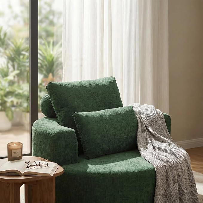 Furnimart 40 Oversized Barrel Accent Chair Set of 2 360° Swivel Round Upholstered Sofa Chenille High-Resilience Sponge No Assembly Wide Seat for Living Room Bedroom Apartment (Green)
