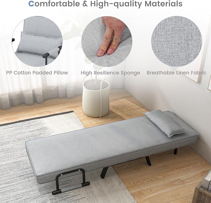 POWERSTONE Convertible Sleeper Chair Bed 4 in 1 Living Room Reading Chair with Pillow Wide Cushion Arm and Adjustable 5 Position Backrest Single Sofa Bed Light Grey