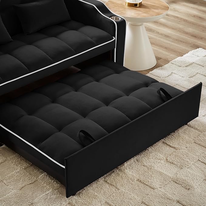 SLEERWAY 3-in-1 Convertible Futon Sofa Bed Chair Multi-Functional Sleeper Chair Bed with Pull Out Couch and Adjustable Backrest Modern Velvet Chaise Lounge Loveseat for Living Room BedroomBlack