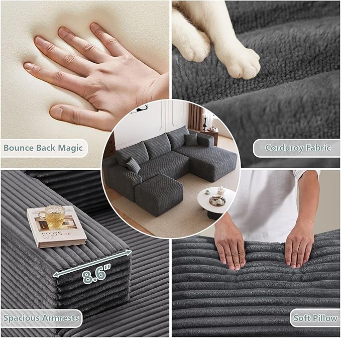 95 Modular Sectional Sofa with Ottoman Modern Corduroy Cloud Couch with Deep Seat Boneless Couch Upholstered 3-Seater U-Shaped Sofa for Living Room No Assembly (Dark GrayRight-Facing Chaise)