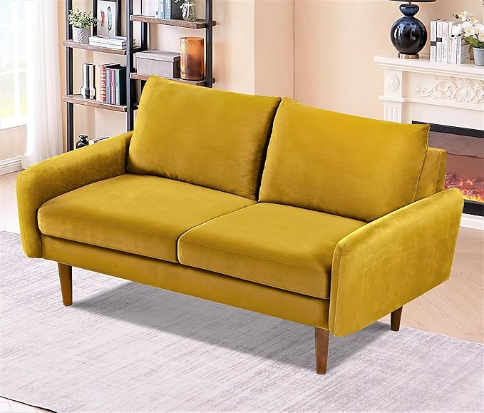 Kent Velvet Loveseat Sofa for Modern Living Rooms and Compact Spaces Comfy 2 Seater Couch Studio Apartment Furniture with Sleek Design Greenish Yellow
