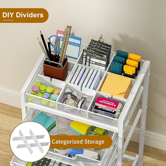 Rolling File Cart with 3 Storage Drawers Under Desk Filing Cabinet with DIY Divider Hanging File Folder Organizer on Wheels Fits A4/Letter Size Metal Utility Cart for Home Office White