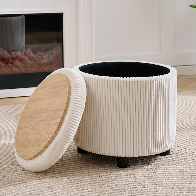 Corduroy Storage Ottoman with Flip-Top Tray Modern Upholstered Ottoman Coffee Table Dual Leg Options Ottoman Footrest for Living Room Bedroom Office White