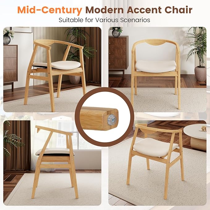 KOMFOTT Bamboo Accent Chair Mid Century Modern Armchair with Barrel Back &amp Soft-Padded Seat Upholstered Lounge Chair with A-Shaped Frame for Living Room Bedroom Reading Room Beige