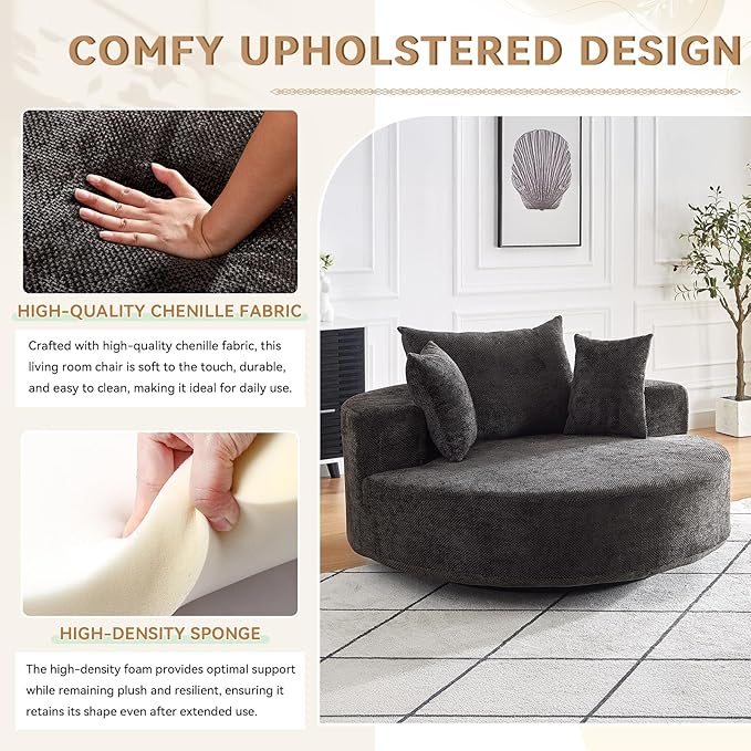 360° Oversized Swivel Chair Modern Circle Round Lounge Chair with Deep Seat Comfy Back Cushion &amp 2 Throw Pillows for Living Room Bedroom Office Black Chenille