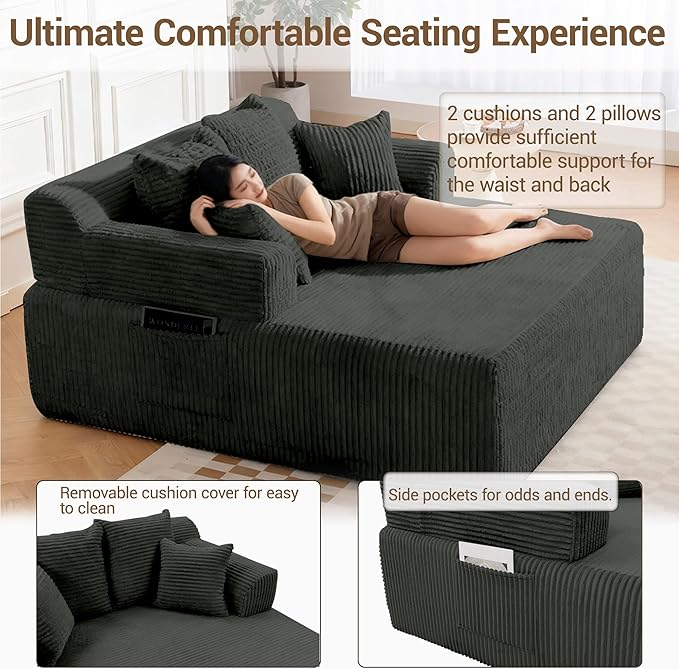 58 Inch Chaise Lounge Chair Indoor Corduroy Boneless Sofa Bed Deep Seat Sleeper Couch Reading Chairs Upholstered Comfy Cloud Sofas Couches for Living Room No Assembly Required Grey