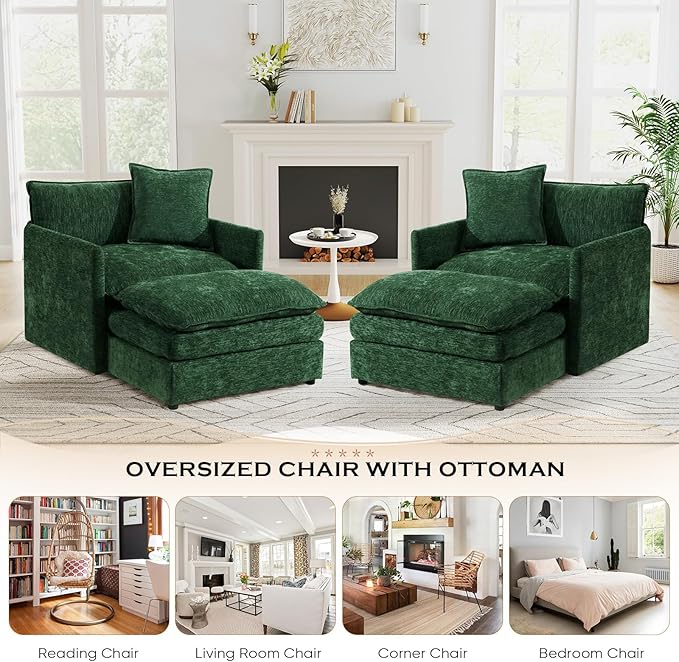 Oversized Chaise Lounge Chair Indoor Modern Comfy Chenille Cloud Accent Chair and A Half with Ottoman Single Deep Seat Sofa Couch Reading Armchair for Living Room Bedroom Apartment Green
