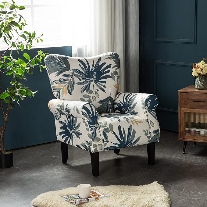 YOLENY Modern Accent ChairHigh Back ArmchairUpholstered Fabric Button Single Sofa with Wooden Legs for Living RoomBedroomBlue Leaves
